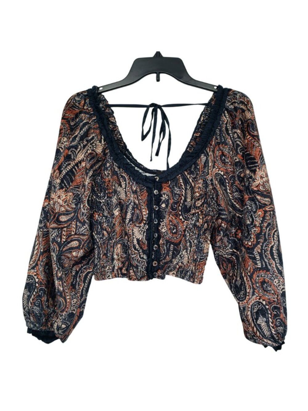 Free People Dare Me Velvet Puff Sleeve Blouse Milkmaid Paisley Blue Orange Boho - Picture 3 of 14